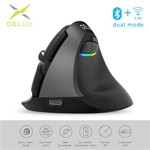 Delux-ratón Vertical inalámbrico M618Mini, dispositivo ergonómico con Bluetooth, batería recargable de 2,4 GHz, RGB, para muñeca y mano: Black ash