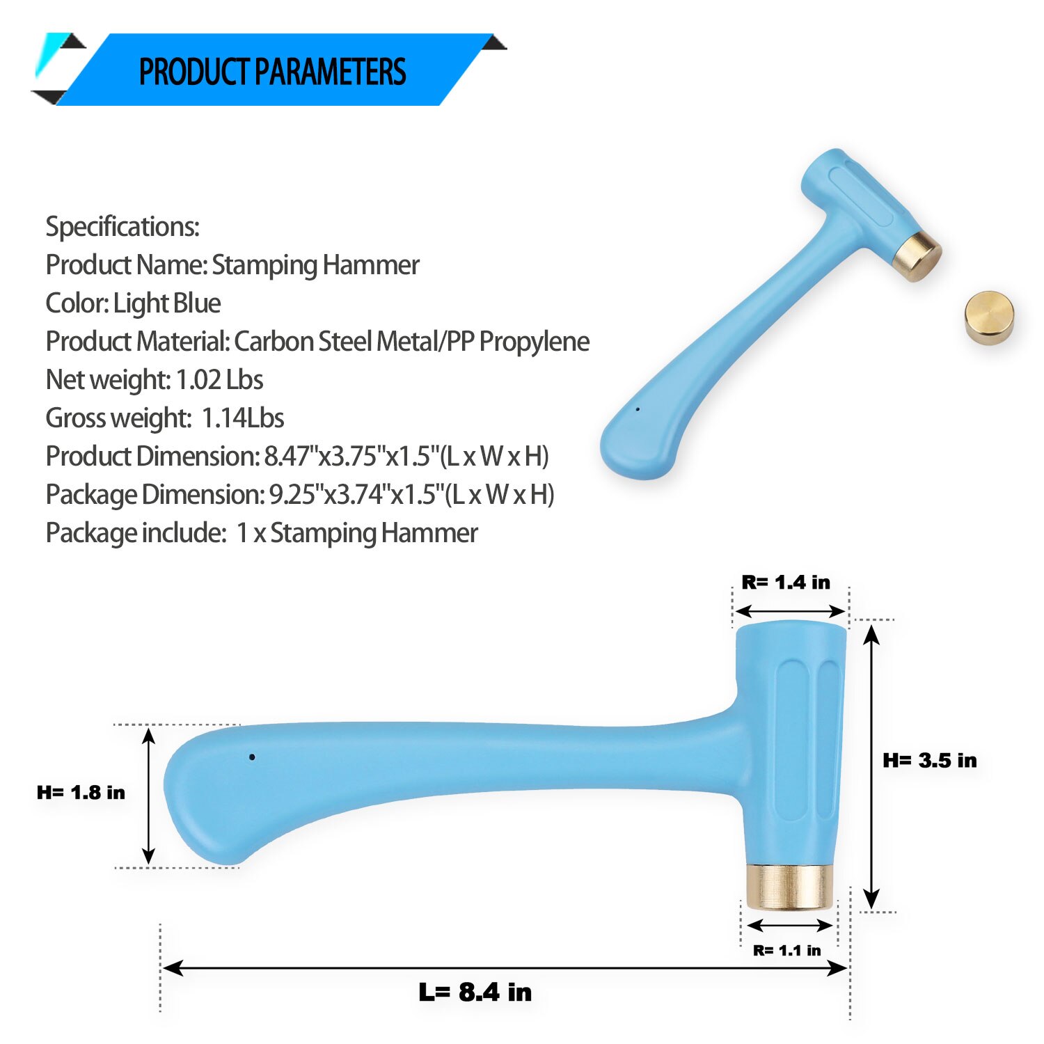 Bestnule metall stansehammer, t-krok formet struktur, herdet karbonstål metall dekket med pp propylen