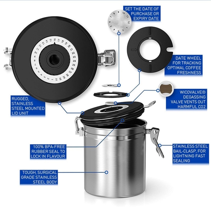 Coffee Flour Sugar Stainless Steel Container Dili Kitchen Storage Canister Vacuum Co2 Valve Airtight Coffee Container Storage Ca