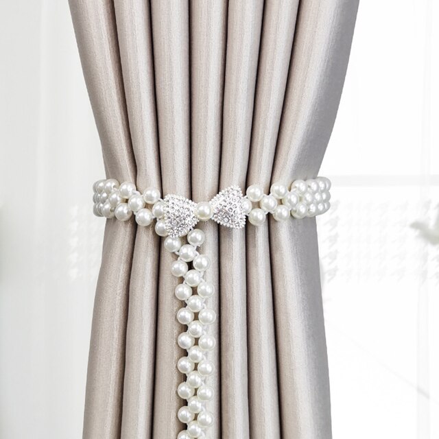 Pearl Adjustable Curtain Tieback Elastic Holder Hook Buckle Clip Pretty And Polyester Decorative Home Accessorie: Silver-Bow