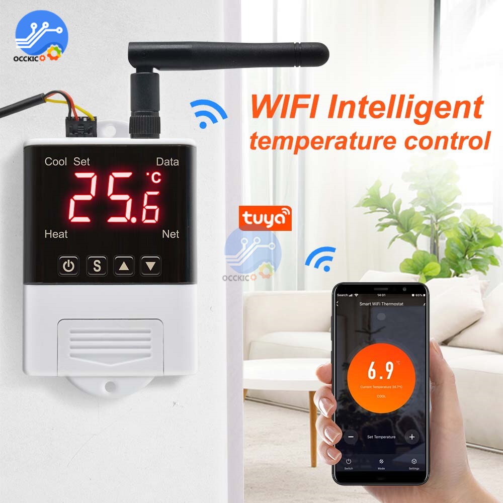 Controlador de temperatura inalámbrico con Wifi, termostato AC110-220V DS18B20, Sensor NTC, pantalla Digital, Control por aplicación para Smart Home y Aquariu