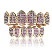 oDomi Grillz Set - Rose Gold Color Hip Hop Fang Caps - Zirconia Top & Bottom - Men's Body Jewelry