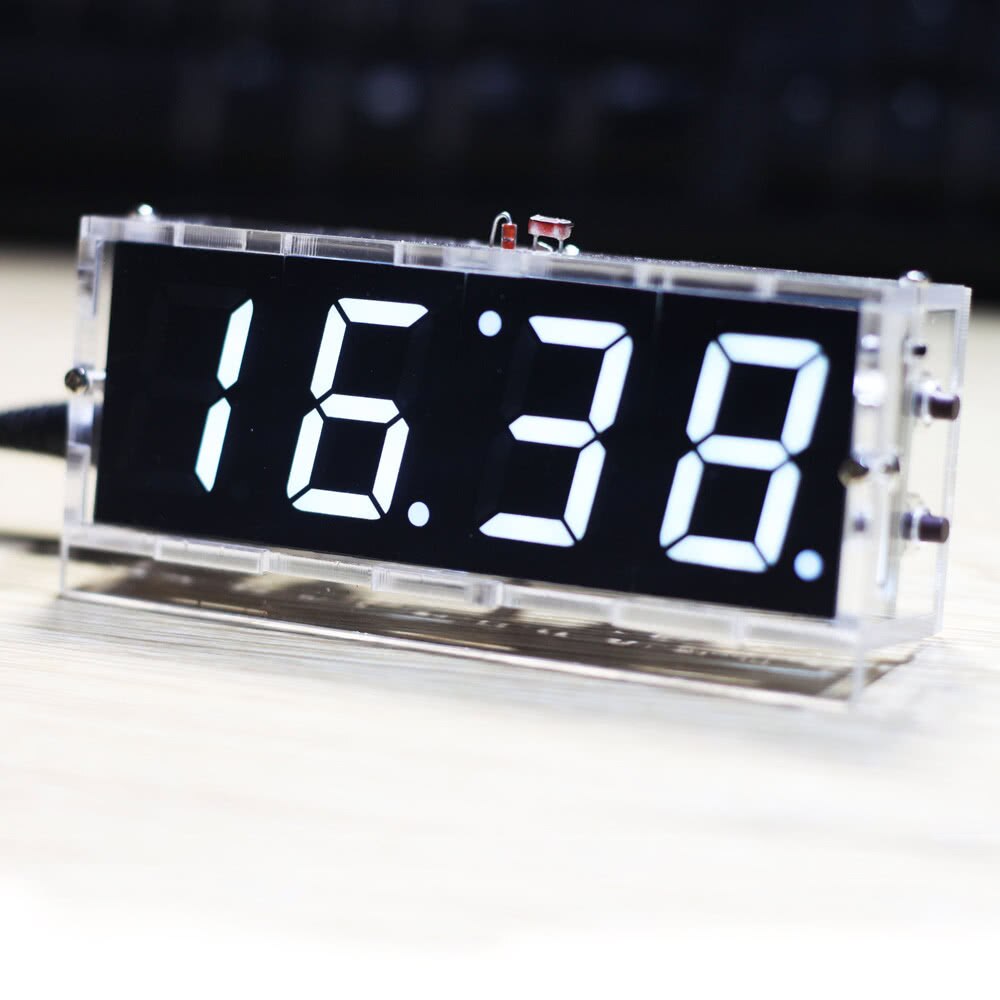 Compact 4-digit DIY Digital LED Clock Kit Light Control Temperature Date Time Display with Transparent Case: White