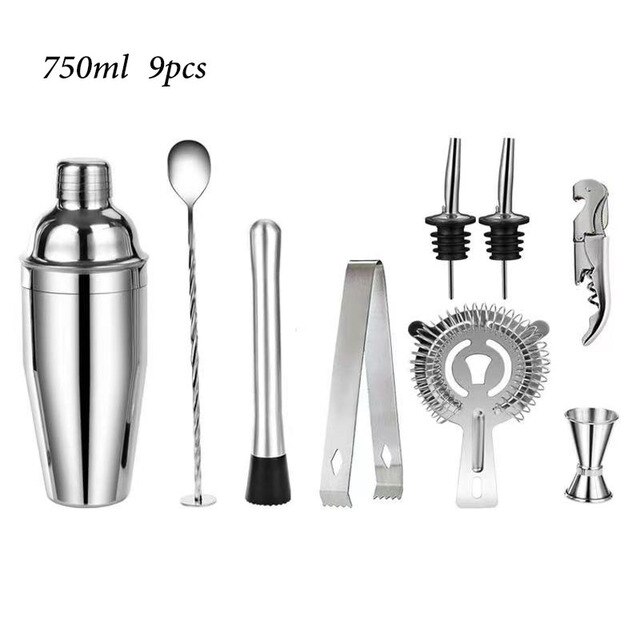 Stainless Steel Cocktail Shaker Mixer Set Wine Martini Boston Shaker for Bartender Drink Party Bar Tools Set 750ML Wine Bottle: 750ml 9pcs