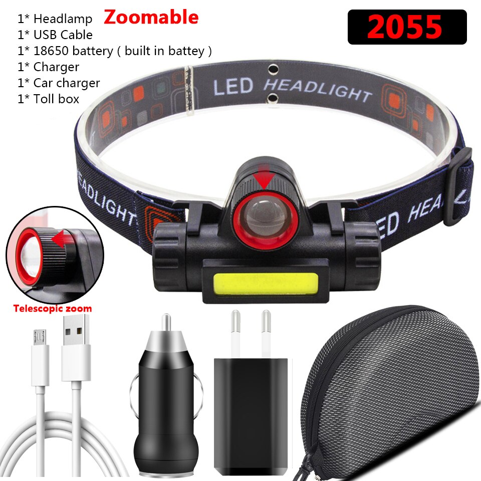 Xp-g  q5+ kolbe zoombar ledet hodelykt hode lommelykt lampe hodelykt innebygd oppladbart 18650 batteri bærbart lys: Pakke i