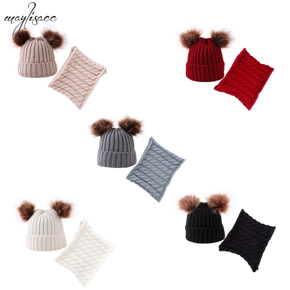 Maylisacc Autumn Winter Warm Hat Scarf Snood 2 Pcs Set for 1-4 years old children Boys and Girls Acrylic PomPoms Hats