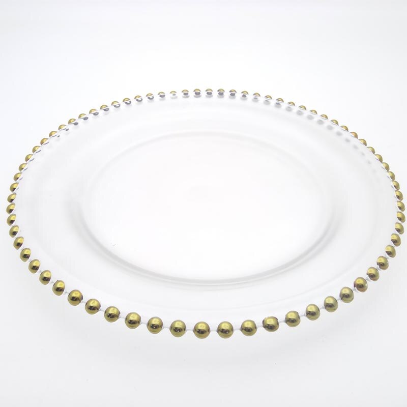 Transparent Tray Knife Fork Spoon Delicate Tableware Set Luxury Pearl Decorative Flat Glass Plate Dinnerware 5pcs/set: Gold plate