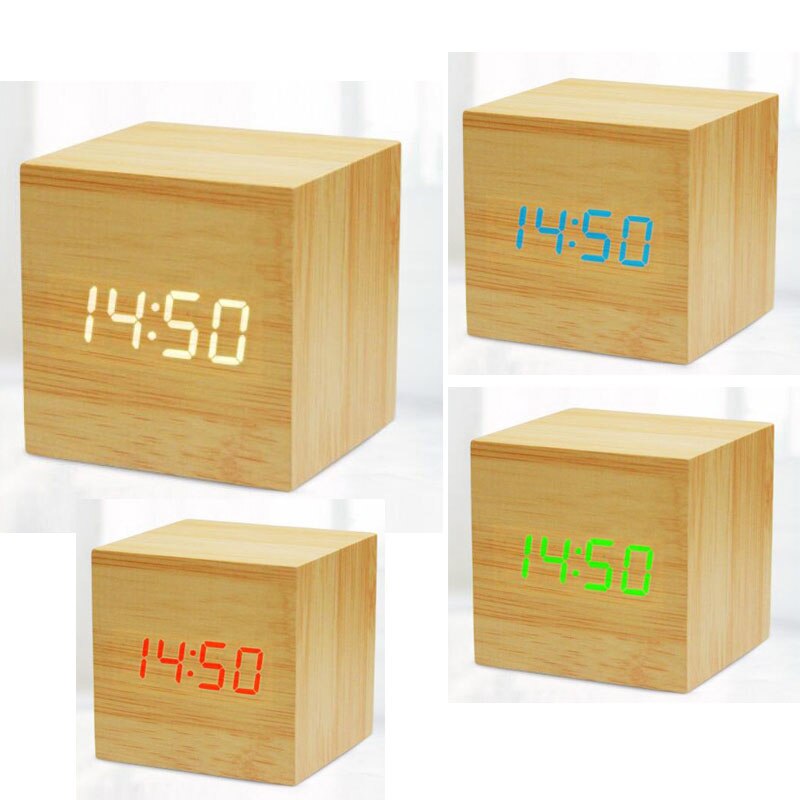 Digitale Thermometer Houten Wekker Alarm Datum Bureauklok Tafel USB Opladen Korte Voice-activated Elektronische Home Decor