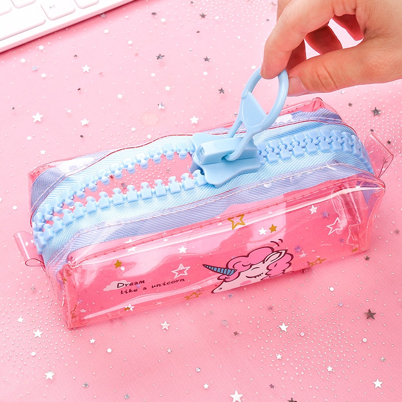 Estuche transparente de unicornio para lápices, estuche escolar de gran capacidad con cremallera, bolsa de almacenamiento, caja de suministros para la escuela, de papelería