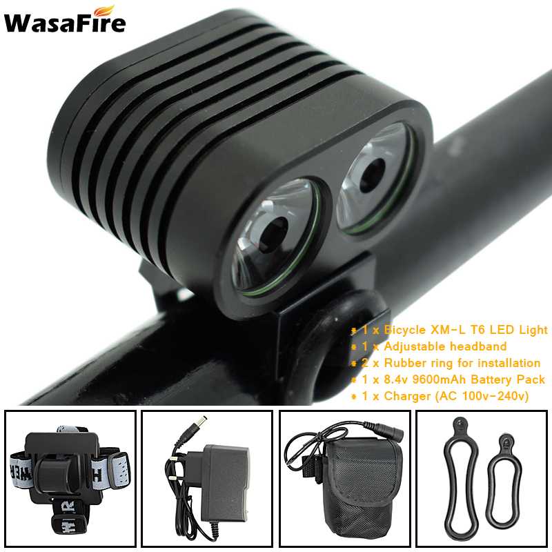 Wasafire Mini 2 * XM-L2 Led Fiets Licht 5000LM Fiets Koplampen 4 Modes Mtb Koplamp Fietsen Lamp + 8.4V 18650 Batterij: 9600mah and headband