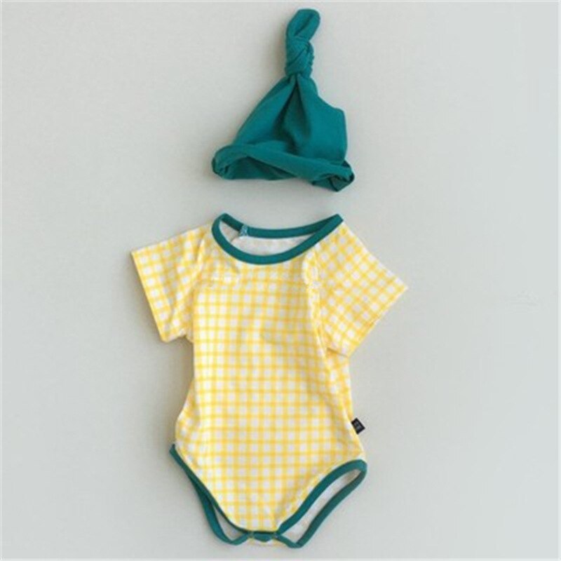 3731 zomer babykleding met korte mouwen, snoepkleurige ruitjes, kruipkleding, romper en muts voor 1 jaar oud voor meisjes en jongens: Geel / 80cm(9-12m)