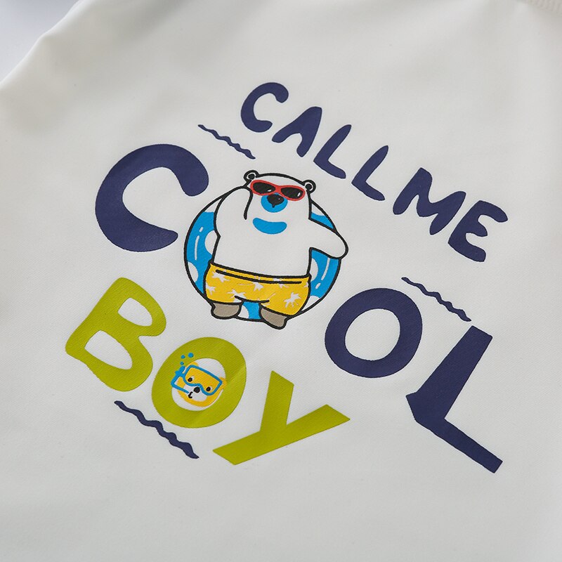 3Pcs Summer Kid Baby Boy Swimwear Short Sleeve Cartoon Letter Print Top Blue Short Pants Cap Swimsuit Swim Beach Bathing Suit