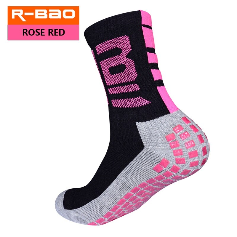 Rb6604 r- bao voksen terry sål fodbold sokker høje skridsikre fodbold korte sokker: Rosenrød