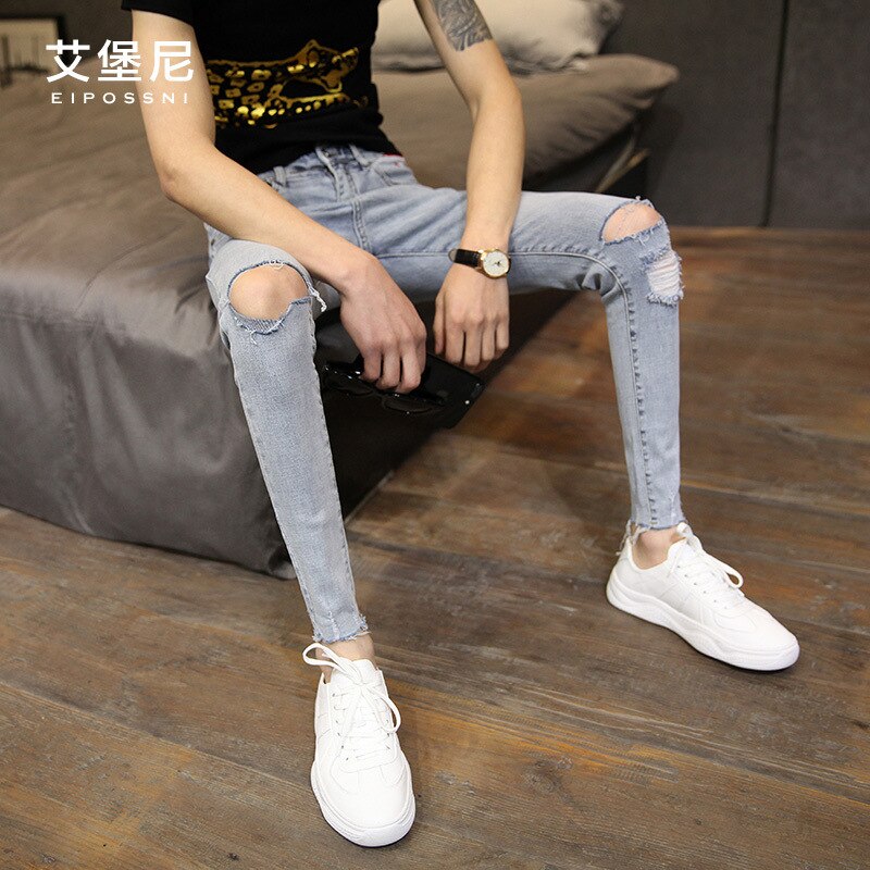 Pantalones vaqueros elásticos para hombre, Jeans ajustados hasta el tobillo, rasgados, ajustados, estilo coreano, 2022