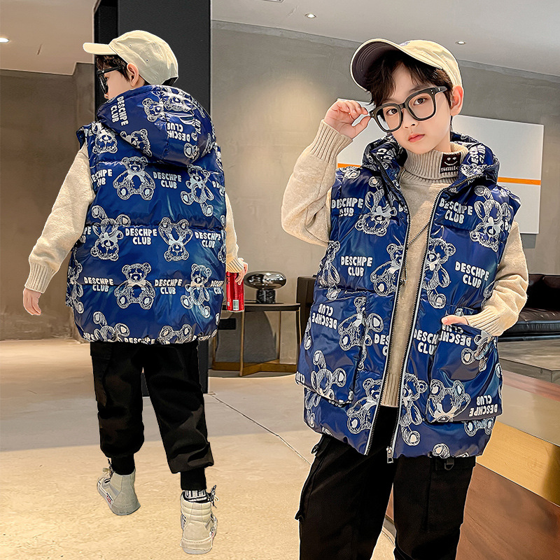 Inverno quente sem mangas jaqueta de algodão jaqueta infantil grosso com capuz para baixo colete de algodão menino adolescente azul dos desenhos animados impressão zip colete 4-13 y