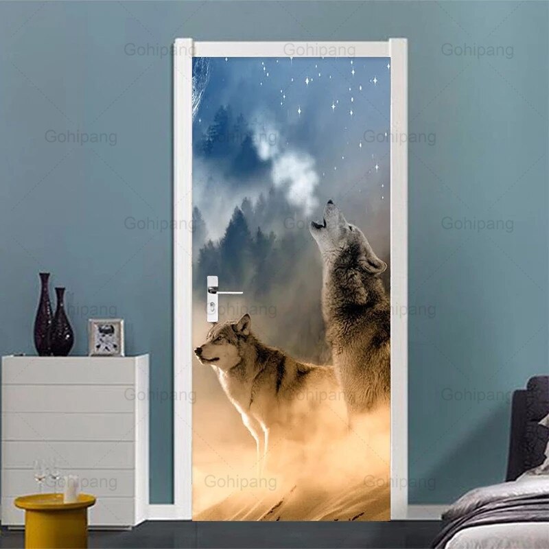 Door Sticker Starry Sky Wolf Photo Wallpaper Living Room Bedroom Home Decor Wall Stickers Door Posters Decoration