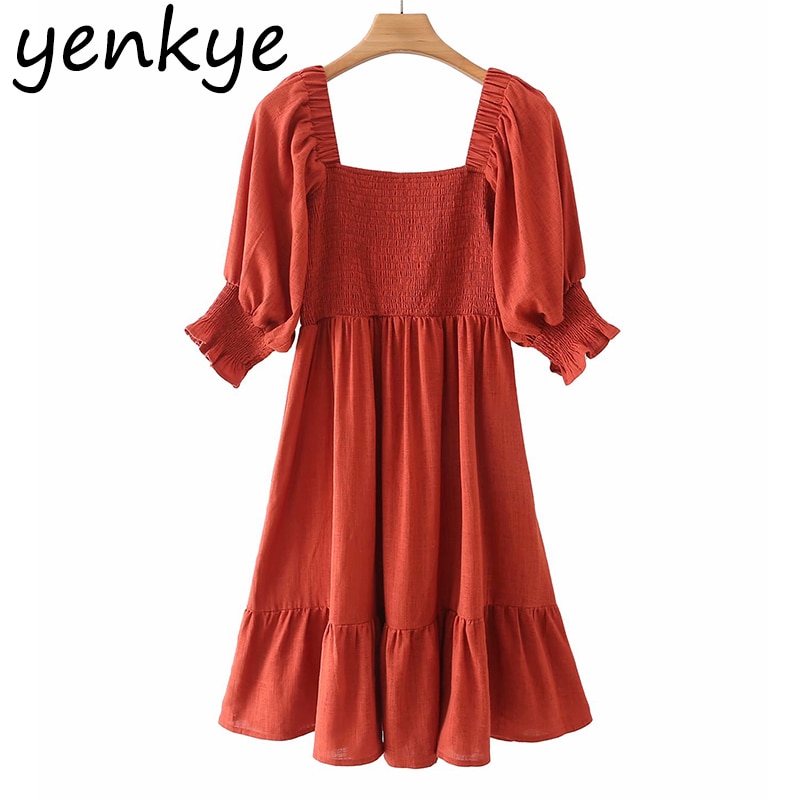 YENKYE Spring Women Solid Cotton Dress Female Square Neck Half Sleeve Casual Dress Short Vestido