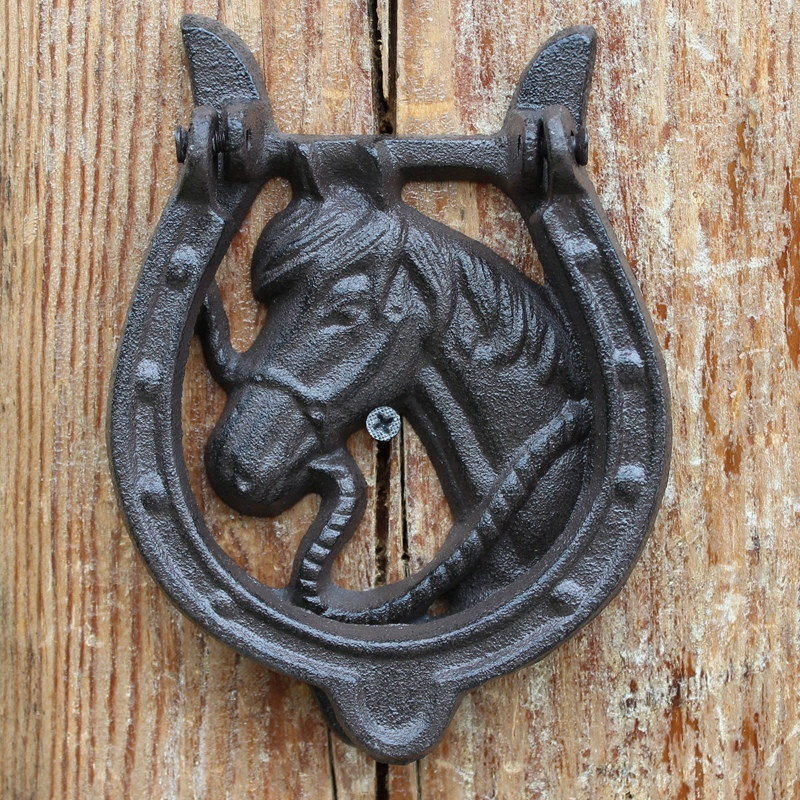 Puerta de Hierro Fundido aldaba cabeza de caballo con manija Western Cowboy herradura puerta pestillo Metal puerta de casa decoración Vintage artesanía
