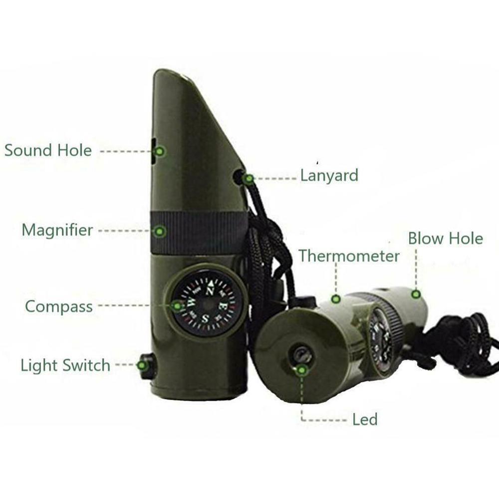 7 In 1 Fluitje Survival Bushcraft Trekking Fluitje Kompas Spiegel Torch Vergrootglas Led Light Thermometer Opslag Kompas Gereedschap