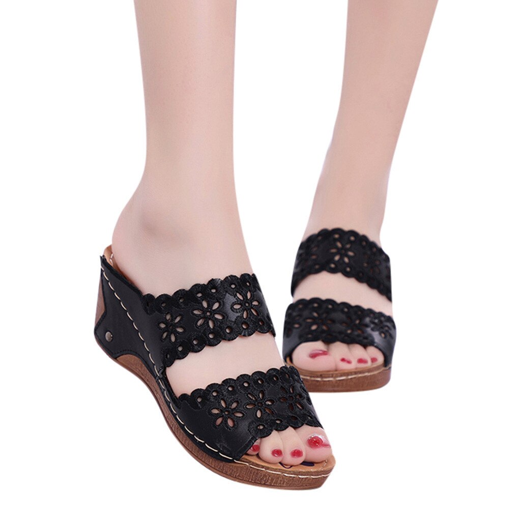 SAGACE Summer Beach Sandals Women Shoes Hollow Out High Heels Wedges Beach Sandals Rome Female Round Toe Non-Slip Shoes