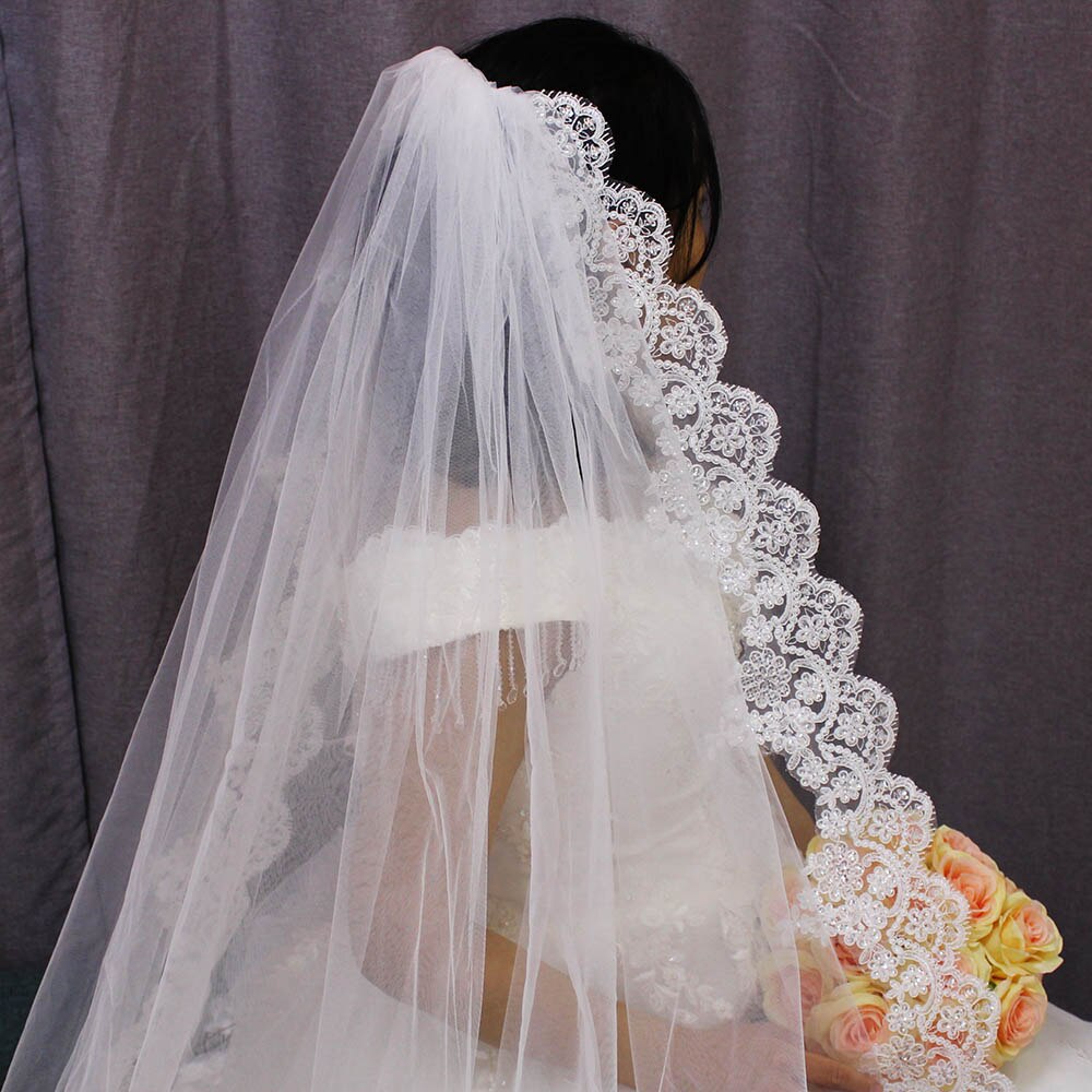 Nette glitter pailletten kanten rand 3 m lange bruidssluier één laag kathedraal bruidssluier voile mariage