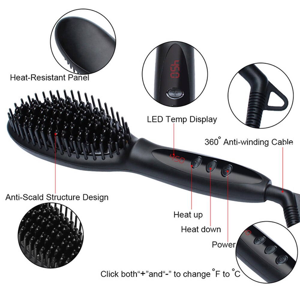Hair Straight Comb LED Temp Display Anti-scald Structure Function Electric Brush PTC Heating Straightener 360 Rotatable