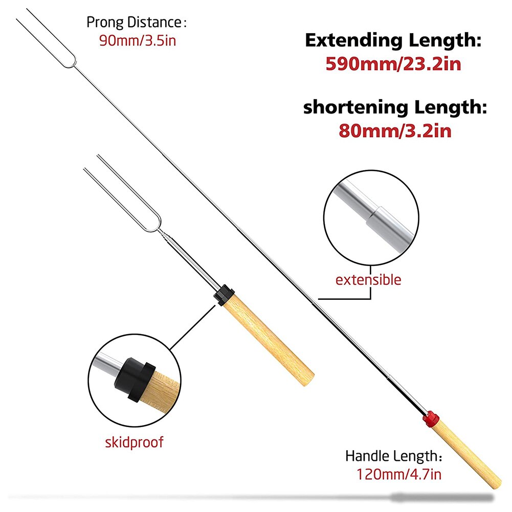 Juego de 8 Uds de palos BQ de acero inoxidable de 32 pulgadas con bolsa de tela, mango de madera, palos de asado telescópicos, herramienta de Picnic para barbacoa de Camping