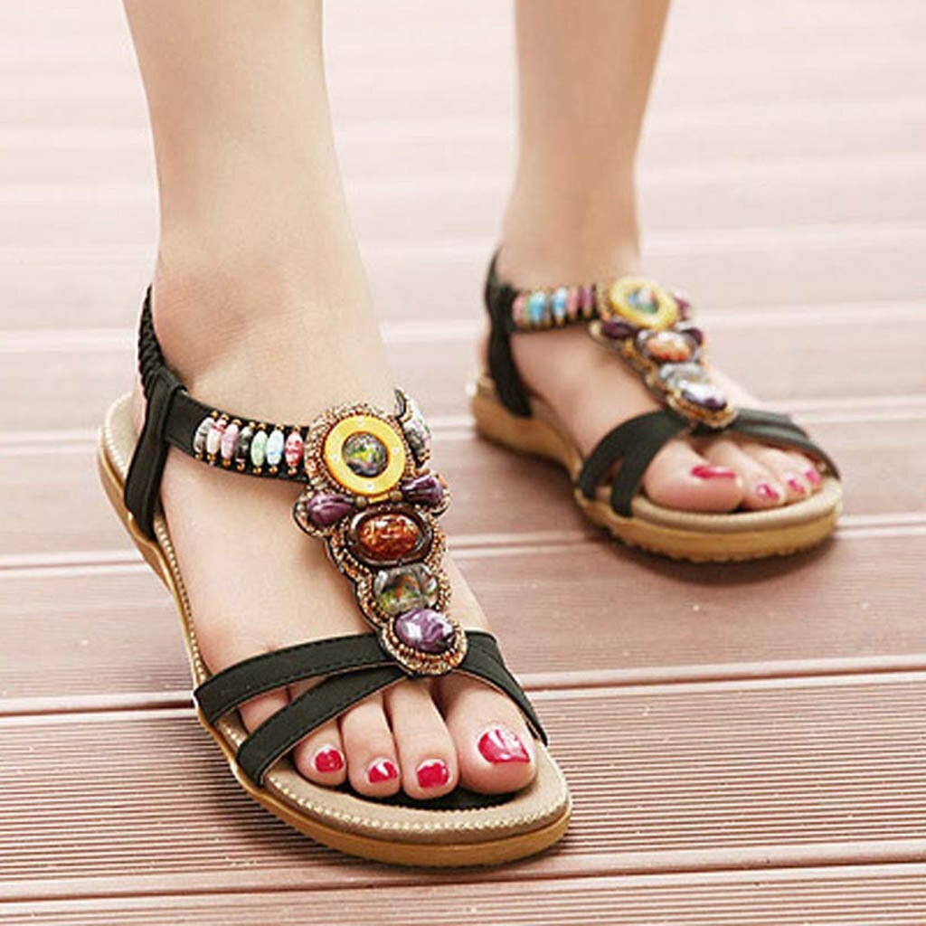 Vrouw Flats Sandalen Bohemian Flats Sandalen Vrouwelijke Kristal Strass Muilezels Slides Meisjes Sandalias Rasteirinha Wiggen Sandaal