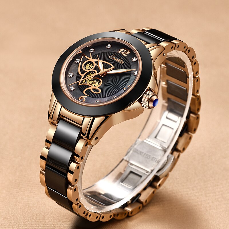 SUNKTA Luxe Vrouwen Horloges Zwarte Keramische Diamant Dameshorloge Waterdicht Quartz Horloge Relogios Femininos Klok