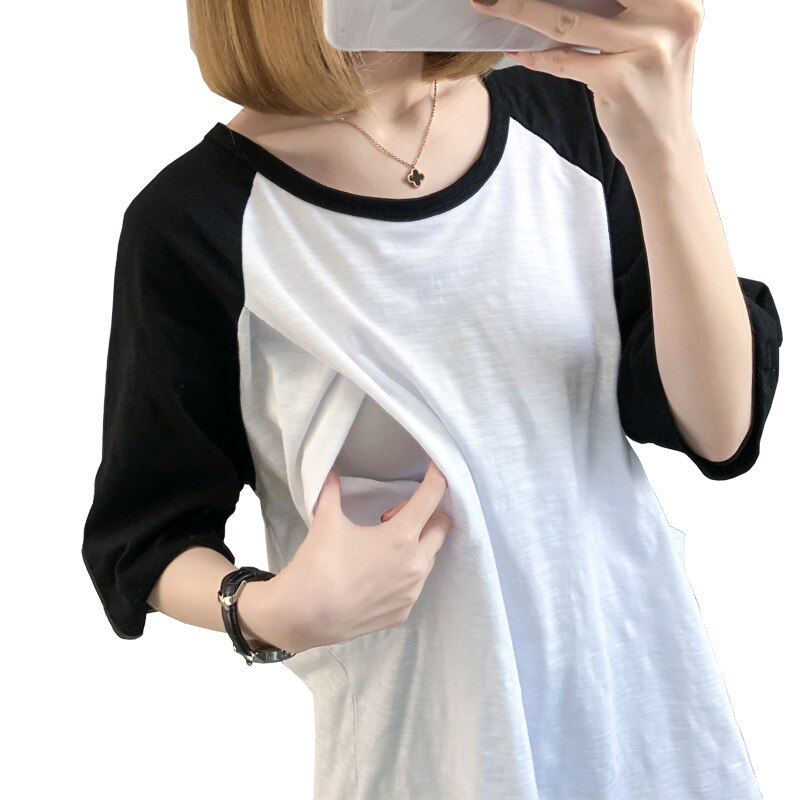 Bamboo Cotton Postpartum Nurse T-shirt Summer Pregnant Women Clothes Maternity Clothes 3906: Black / XXL