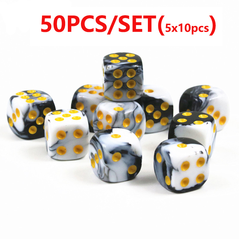 Juego de dados acrílicos poliédricos de 6 caras, 25/50/100 piezas, dados de esquina redonda de 16mm con Pips dorados para juegos de mesa, enseñanza de matemáticas: BW