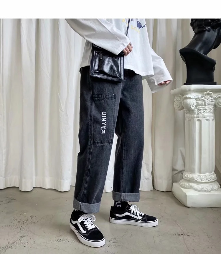Homme jean pantalon jambe droite jeune élastique cordon ceinture jeune shalwar garçon décontracté pantalons large jambe baggy pantalon bleu