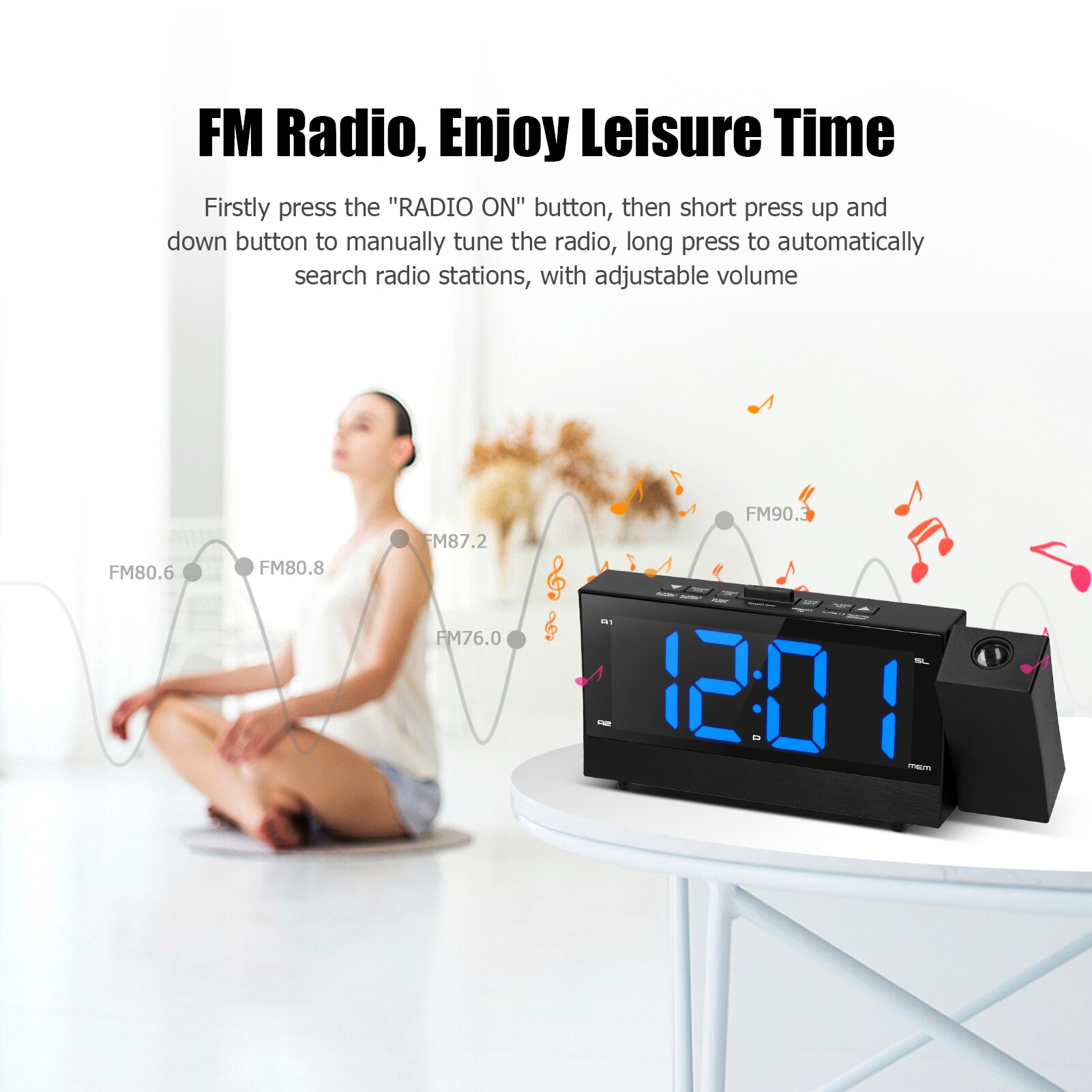 Kkmoon 6.4Inch Digitale Projectie Wekker 180 Graden Draaibare Projector Klok Met Dual Alarm Snooze Fm Radio Telefoon Oplader