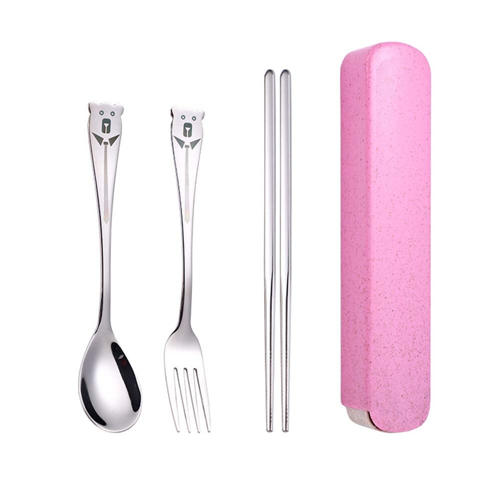 1 Set Cartoon Stainless Steel Portable Cutlery Set Children's Student Fork Spoon Chopsticks 3 Piece Set 2 Piece Set: Pink 3