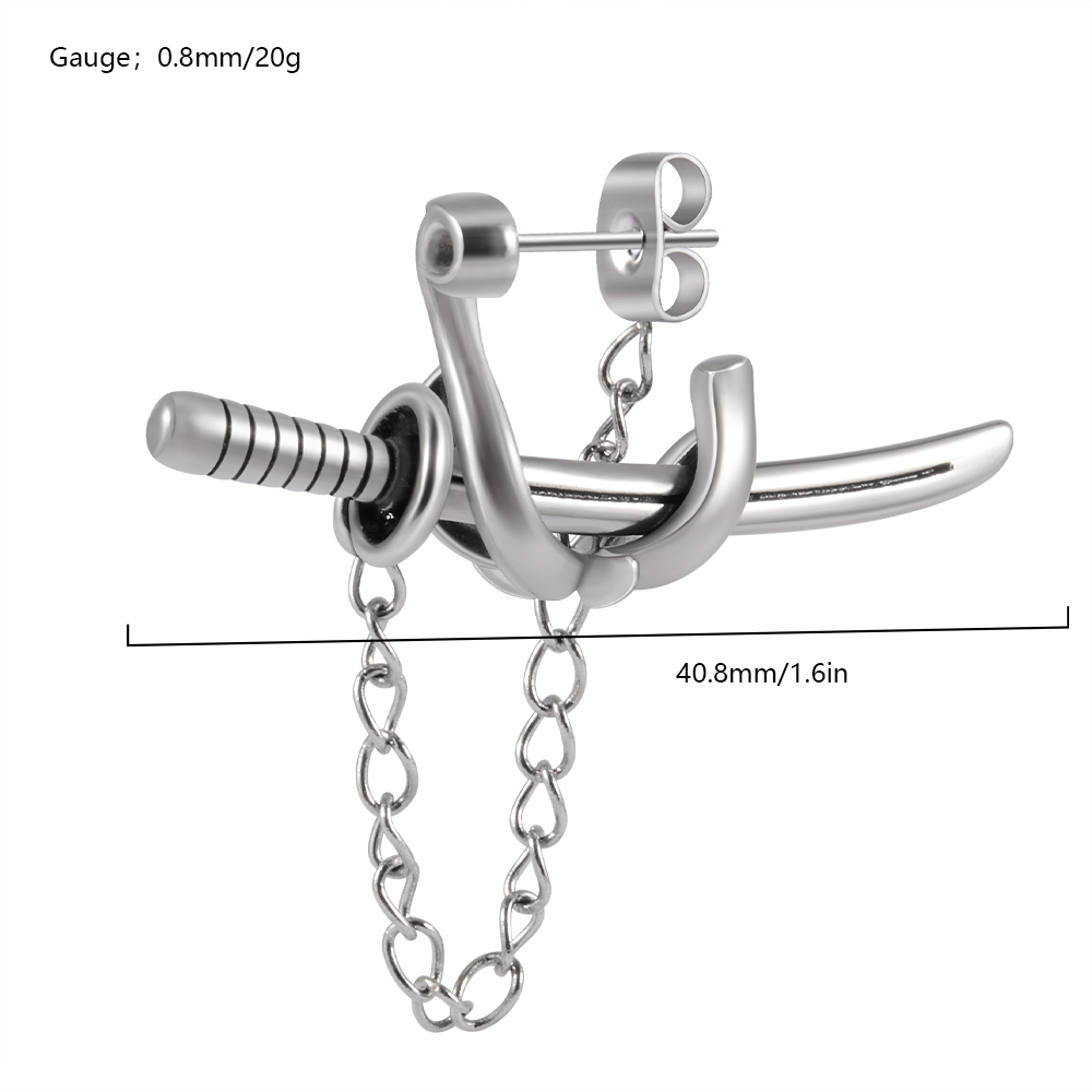 1Pc 361L Chirurgisch Staal Zwaard Hoop Punk Oorbellen Dangle Samurai Zwaard Oorbellen Lange Ketting Oorbellen Voor Vrouwen Mannen Oor sieraden: Silver Plated