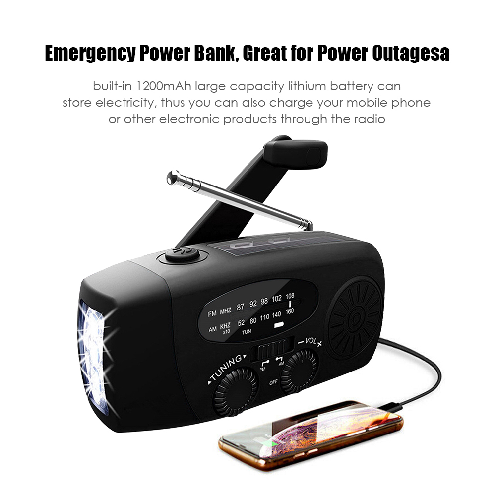 Emergency Radio Hand Crank Solar Weather Radio 1200mAh AM / FM / NOAA Emergency Weather Radio Portable Power Bank Solar Charging