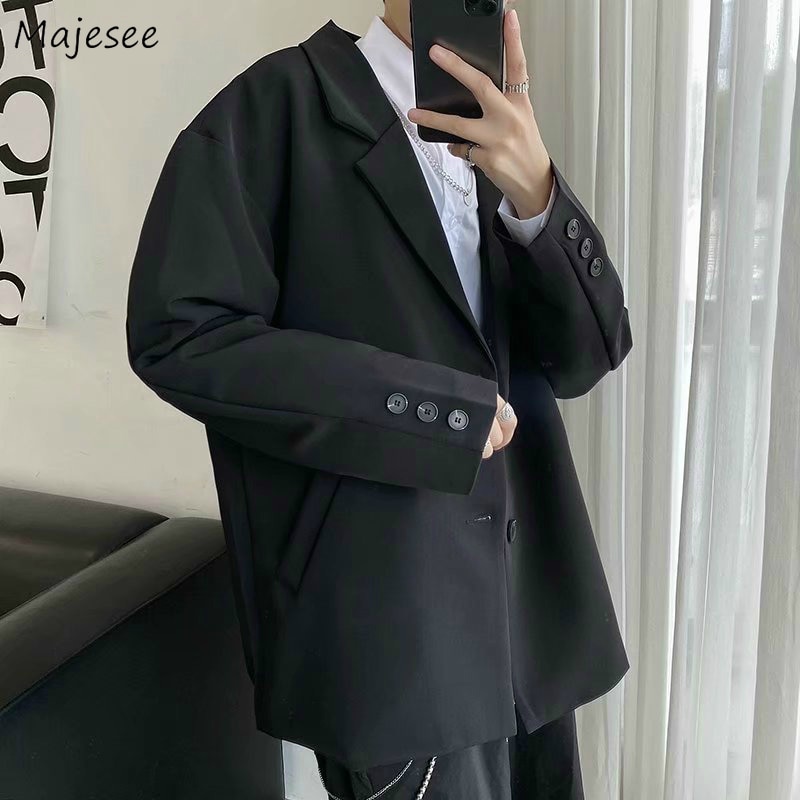 Chaquetas de los hombres primavera negro solo Breasted Oversize flojo Retro de de estilo coreano Ins estudiante Ulzzang-Encuentro de trajes de hombre Chic