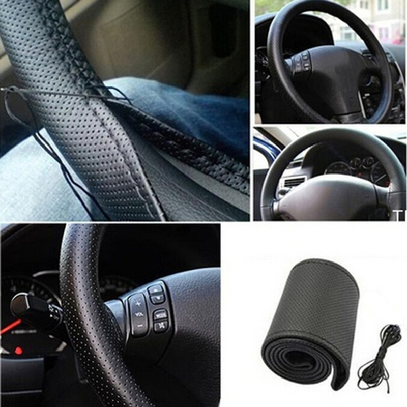 Auto-Lenkradbezug, Nadeln und geflochtener Faden, Kunstleder, Autoabdeckungen, Suite, 3-farbig, DIY-Textur, weiches Auto-Zubehör