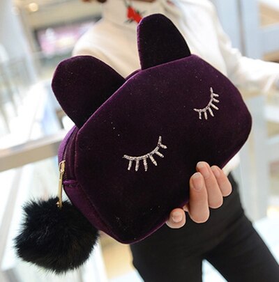 Nekomimi dierenprints canvas draagbare cartoon kat munten opbergdoos reis make-up flanellen etui cosmetische tas: Paars