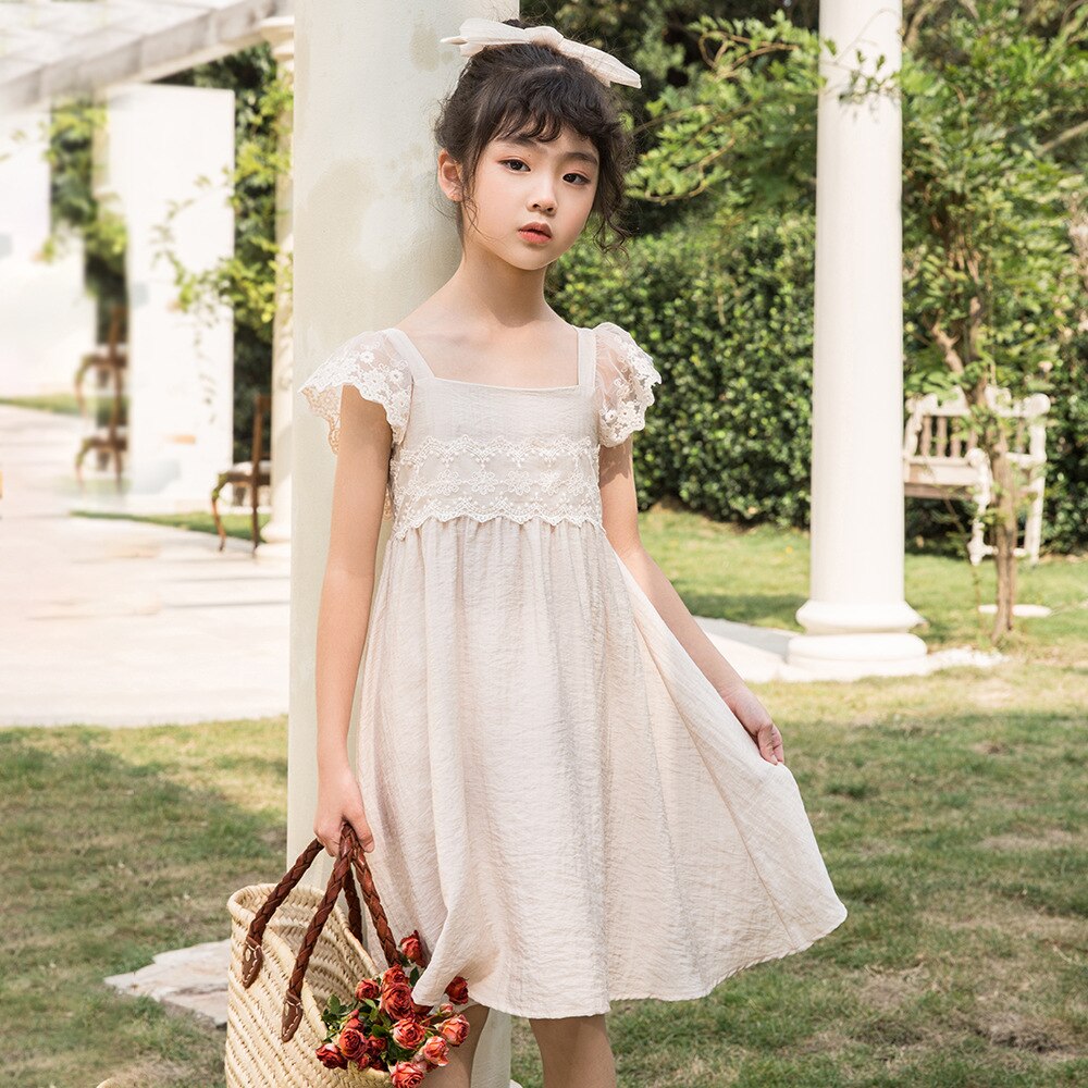 Teenage Girls Princess Lace Dress Summer Kids Children Cotton Ruffles Strap Beach Sundress With Back Bow Teen Midi Dresses 12 14