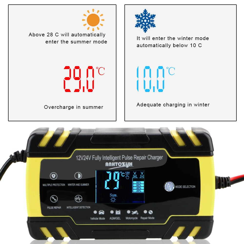 Car Battery Charger Full Automatic Digital LCD Display Intelligent 12V-24V 8A Pulse Repair Wet Dry Lead Acid Battery-chargers