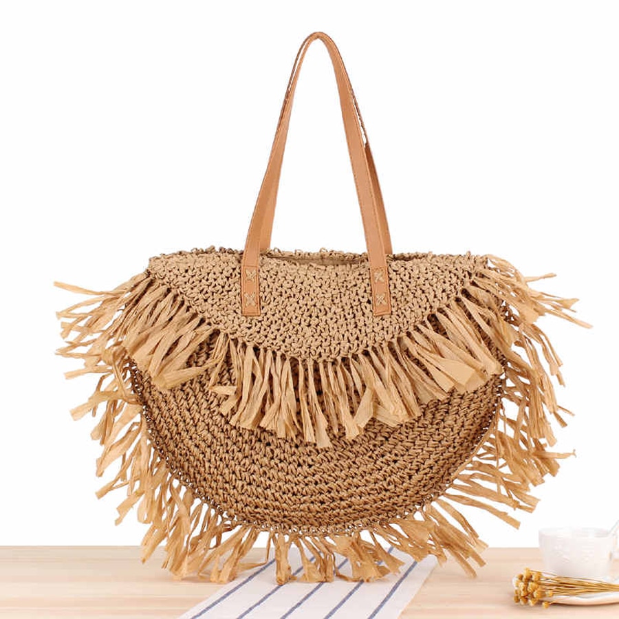 Bohemien Runde Quaste Frauen Stroh Tasche Spitze Papier Rattan Schulter Beutel Große Beiläufige Handtaschen Sommer Strand gewebte Geldbörsen