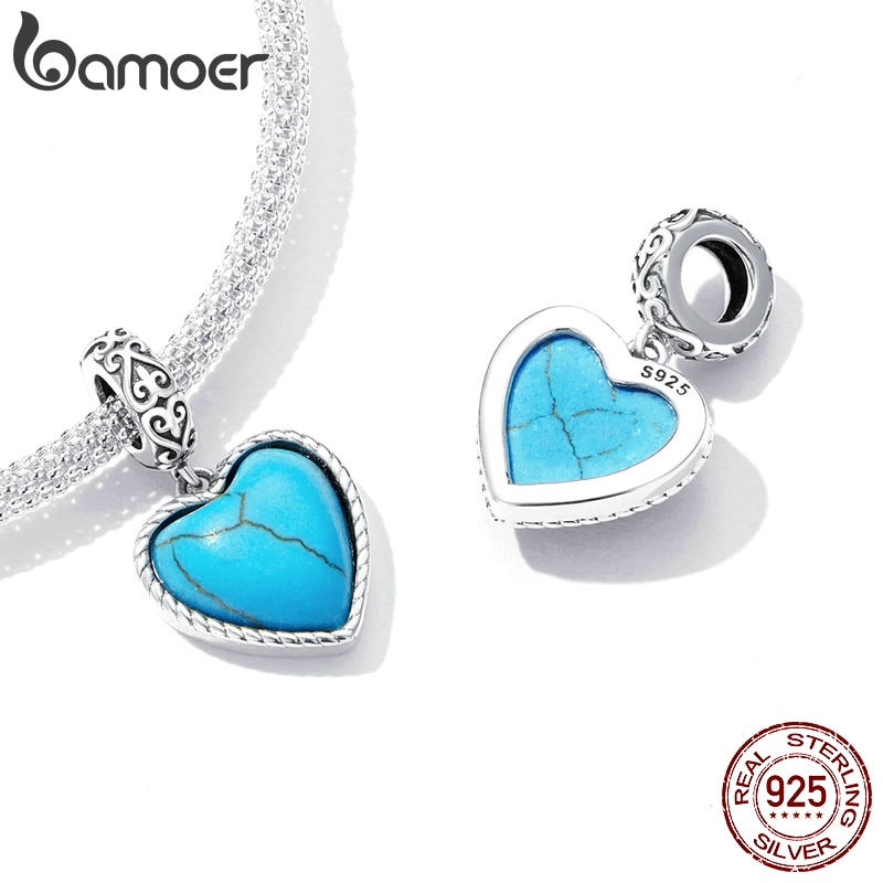 Bamoer Blauw Liefde Turquoise Hanger Echt 925 Sterling Zilveren Hart Charme Voor Zilveren Armband &amp; Armband Fijne Sieraden Maken