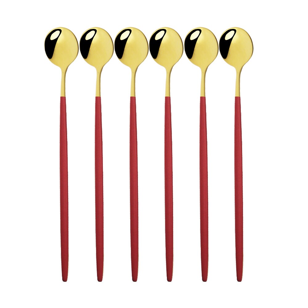 6Stck Schwarz Lange Hangdle Löffel Für Poliert Rühren Trinken 304 Steainless Stahl Geschirr Geschirr Besteck Eis Löffel einstellen: 6Stck rot Gold