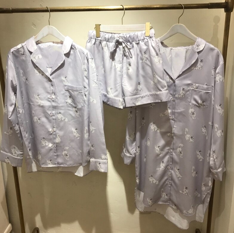 Japan gp katt tryck silke pyjamas nattkläder hemkläder