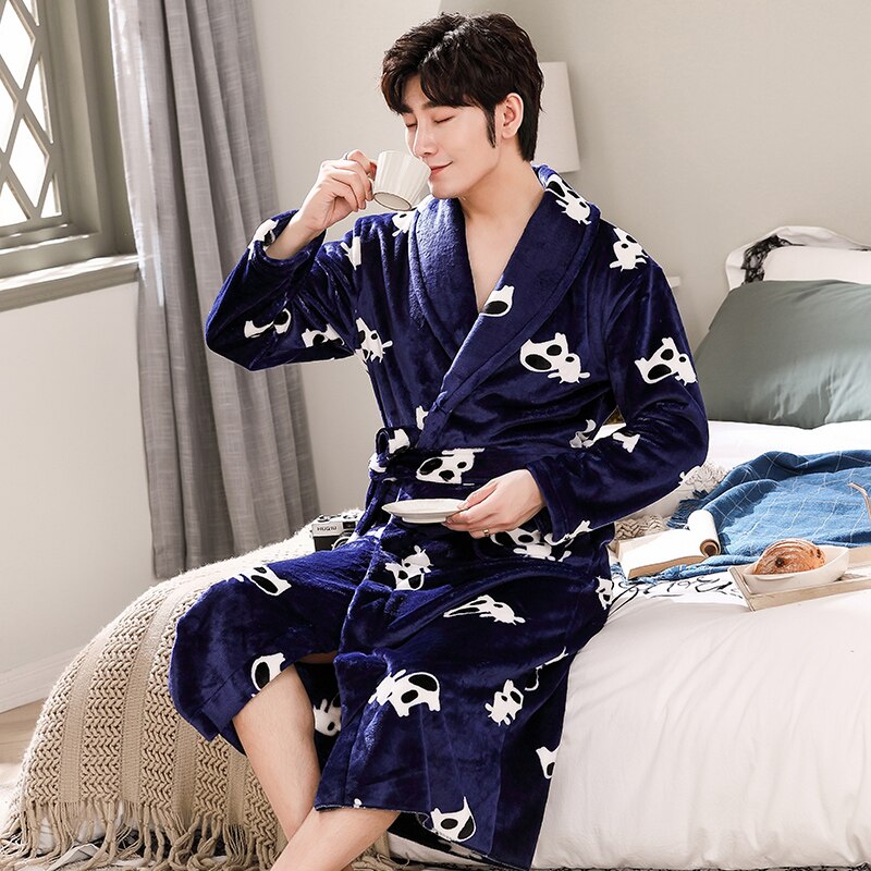Xizou høst vinter herre pyjamas dyreprint langermet pyjamas nattmorgenkåpe mannlig flanell kimono badekåpe nattøy