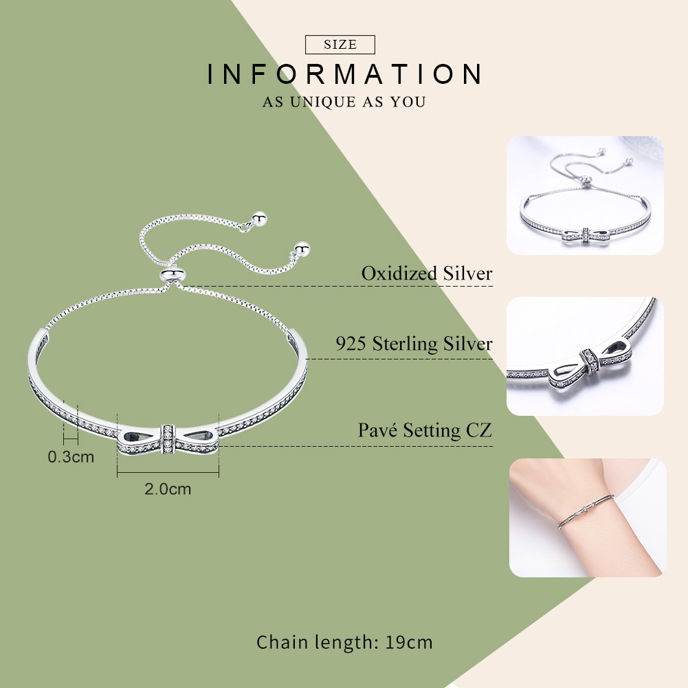 WOSTU nouveauté 925 en argent Sterling étincelant chaîne de nœud papillon réglable Bracelet Bracelet pour les femmes S925 bijoux CQB108