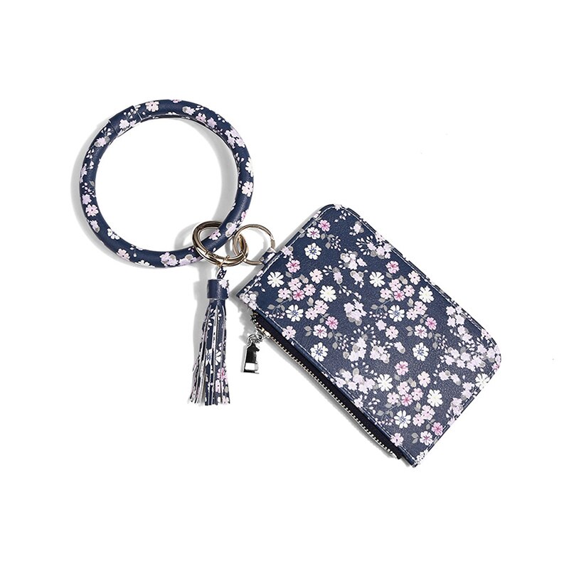 Trend Armband Sleutelhanger Pu Leer Leuke Tassel Purse Wallet Card Bag Key Ring Pols Hanger: Cherry Blossoms