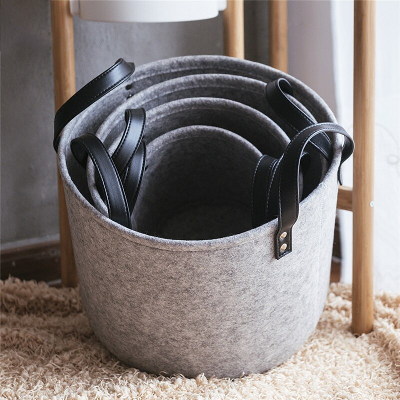 S/M/X/Xl Draagbare Grijs Ronde Wasmand Vilt Vuile Kleren Speelgoed Opslag Emmer Bin Met pu Lederen Handgrepen Thuis Organisator