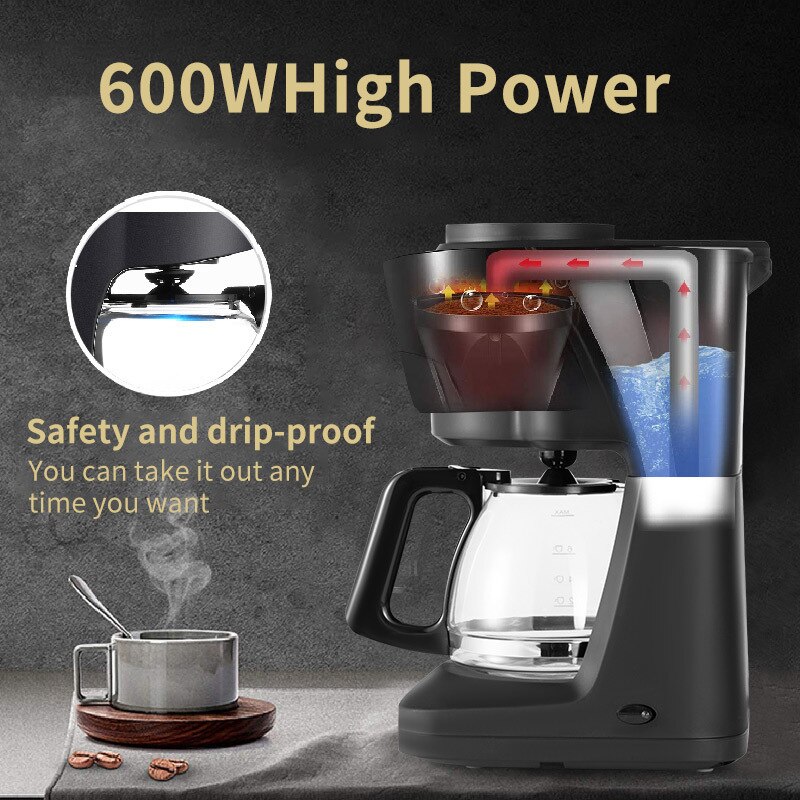 Cafetera de goteo de 6 tazas con jarra de vidrio y filtro reutilizable, color negro